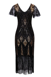 Schwarz und Gold Flapper 1920er Pailletten Kleid